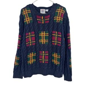 Rare Cape Isle Knitters Mens Navy Plaid Cable Knit Hand Knitted‎ Sweater Ramie M